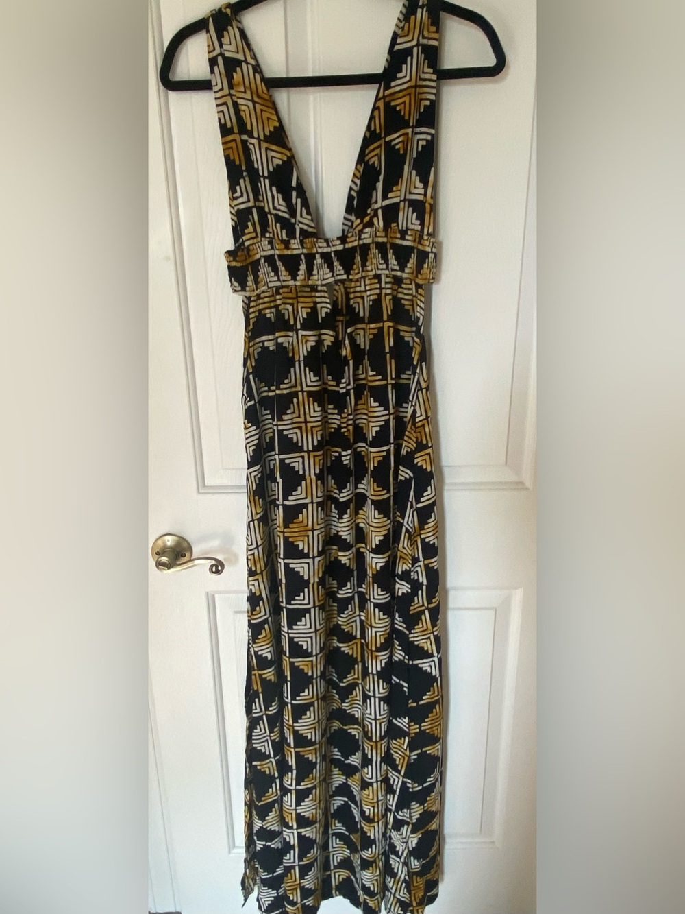 Indah Black, White & Yellow Geometric V-Neck Maxi Dress